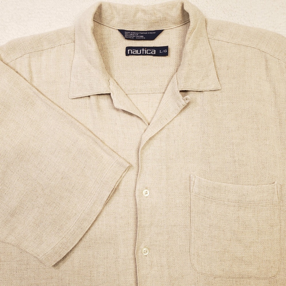 Vintage Nautica Linen Camp Shirt Mens Beige Large Loop Collar Blend Short Sleeve